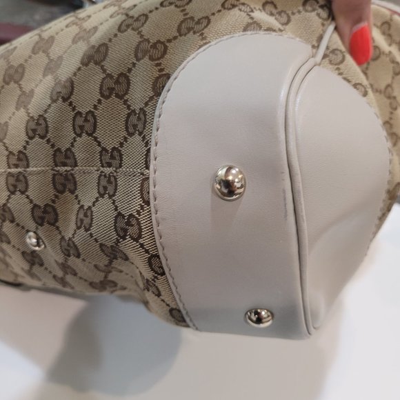 RARE***GUCCI SHERRY LINE~ GG MONOGRAM~ LEATHER & CANVAS TOTE~ - Picture 8 of 16
